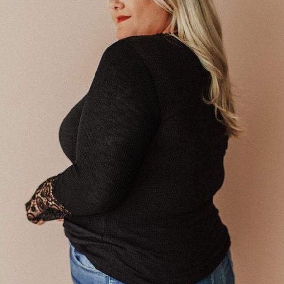 Black Crochet Lace Hem Sleeve Button Top - Picture 12 of 14